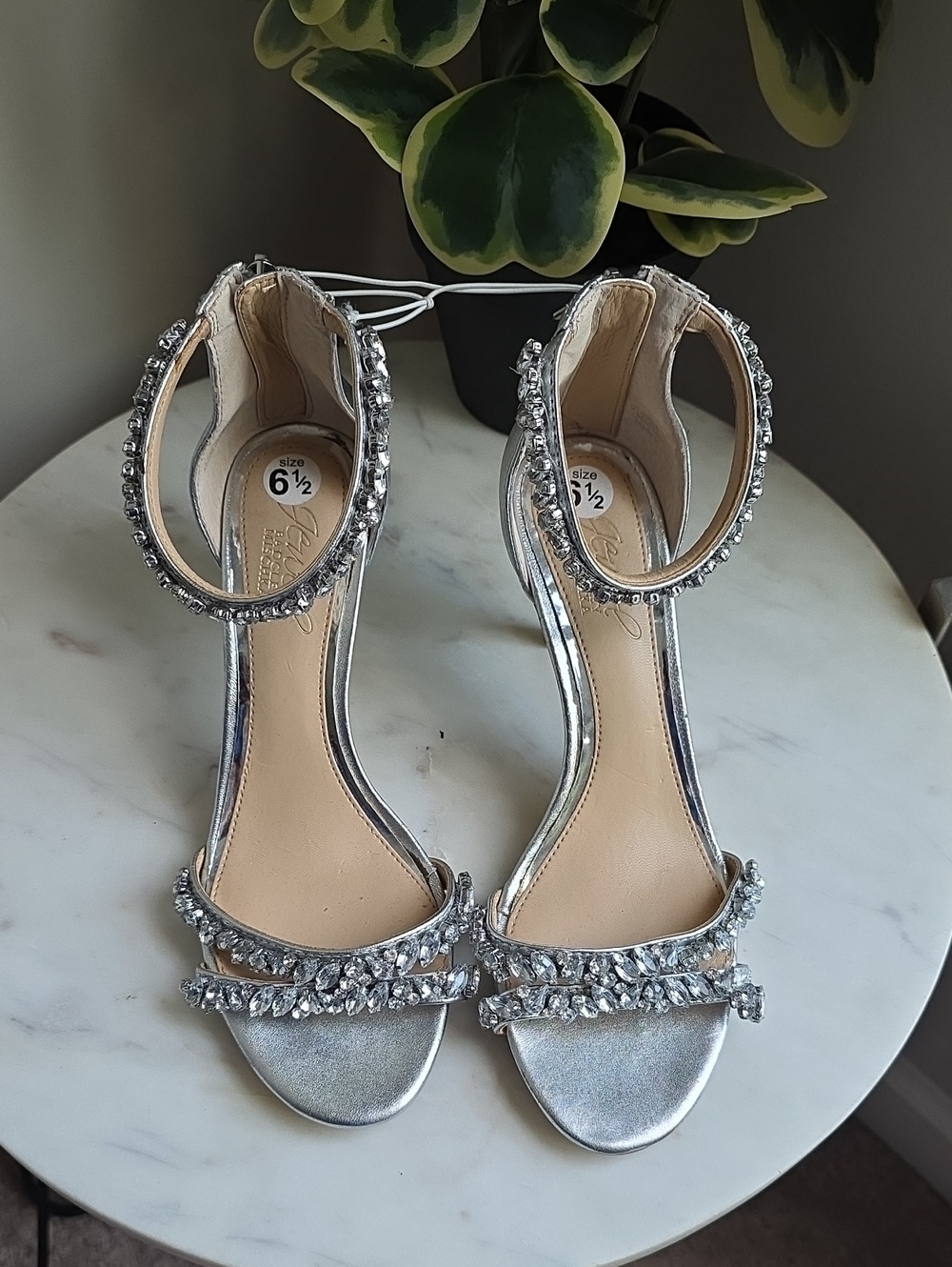Badgley Mischka Silver Crystal-Ankle Strap Heels